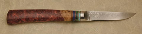 3 inch Paring Knife with 'Hummingbirds' Etching and Amboyna Burl Handle.