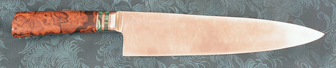 10 inch Chef's Knife with 'Hummingbirds' Etching and Desert Ironwood Burl Handle.