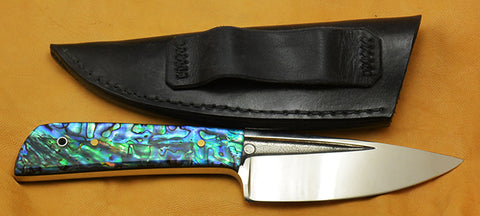 Boye Old Style Basic 3 Cobalt with Abalone Artstone Handle, Humpback Laser Etching, and Abalone Inlaid Sheath.