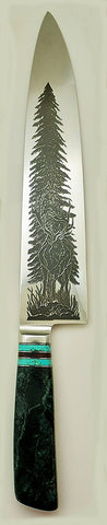 10 inch Cobalt Chef's Knife with 'Wapiti Elk' Laser Engravings and Jade/Turquoise Handle.