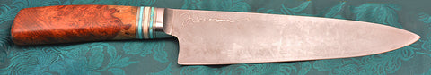 8 inch Chef's Knife with 'Lighthouse with Sailboats' Etching, Amboyna Burl Handle.