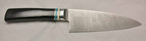 6 inch Chef's Knife with 'Lighthouse with Sailboats' Etching and African Blackwood Handle.