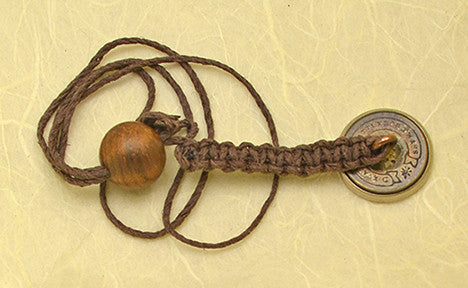 Brown Waxed Hemp Macrame Lanyard with Antique Mother of Pearl and Brass Button.