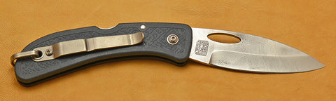 Boye Open Thumb Hole Lockback Folding Pocket Knife with 'Pelican' Etching and Blue Zytel Handle.