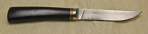 4.5 inch Kitchen Utility Knife with Plain Etched Blade, Mokume Artstone Ringset, and African Blackwood Handle.