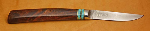 3 inch Paring Knife with Plain Etched Blade and Brass, Turquoise, & Ironwood Handle.