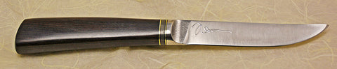 4.5 inch Kitchen Utility Knife with Plain Etched Blade, Smoke/Gold Mokume Artstone, and African Blackwood Handle.