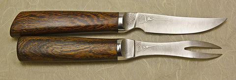 3.5 inch Table Knife and Fork Set with Plain Etched Blades and Desert Ironwood Handles.