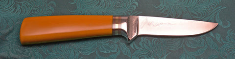 4 inch Dropped Point Hunter with Plain Etched Blade and Westinghouse Bleached Linen Micarta Handle.