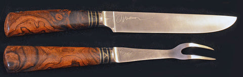 8 inch Carving Set with 'Ravens' Etchings and Ironwood Burl Handles.