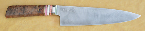 8 inch Chef's Knife with 'Wild Roses' Etching and Amboyna Burl Handle.