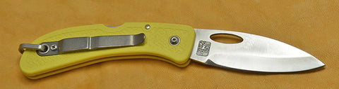 Boye Open Thumb Hole Lockback Folding Pocket Knife with 'Wild Roses' Etching and Yellow Zytel Handle.