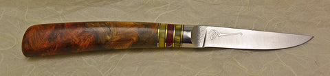 3 inch Paring Knife with 'Wild Roses' Etching and Amboyna Burl Handle.