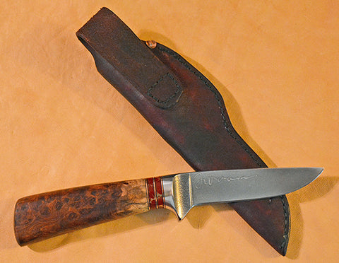 4 inch Dropped Point Hunter with 'Salmon' Etching and Amboyna Burl Handle.
