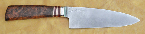 6 inch Chef's Knife with 'School of Fish' Etching and Amboyna Burl Handle.