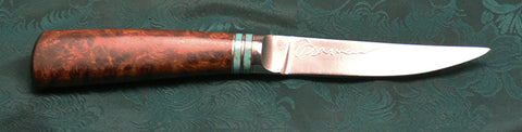 4.5 inch Kitchen Utility/Filet Knife with 'School of Fish' Etching and Amboyna Burl Handle.