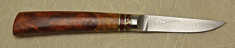 3 inch Paring Knife with 'School of Fish' Etching with Amboyna Burl Handle.