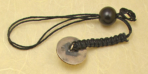 Black Waxed Hemp Macrame Lanyard with Antique Copper and Mexican Silver Domed Button.