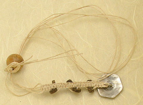 Natural Waxed Hemp Macrame Lanyard & Antique Hexagon Design Silver Button with 6 Ancient Stone Beads