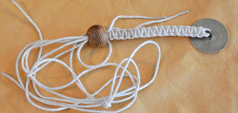 Waxed Bleached White Hemp Macrame Lanyard with Early 18th Century Tombac Shield Button.