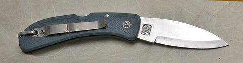 Boye Prophet Lockback Folding Pocket Knife with "Trout" Etching and Blue Zytel Handle with Marlin Spike.