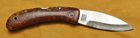 Boye Custom Sunburst Lockback Folding Pocket Knife with 'Tsunami' Etching and Amboyna Burl Handle.