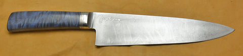 8 inch Chef's Knife with 'Wolf' Etching and Blue Tiger Maple Handle.