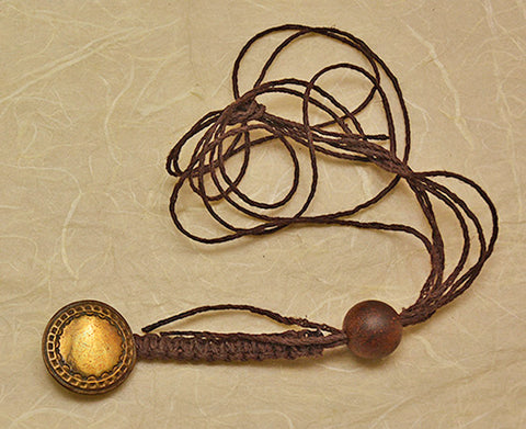 Brown Waxed Hemp Macrame Lanyard with Colonial Brass Button with Triple Pattern Border.