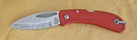 Boye Basketweave Lockback Folding Pocket Knife with 'Basketweave' Etching and Red Zytel Handle.