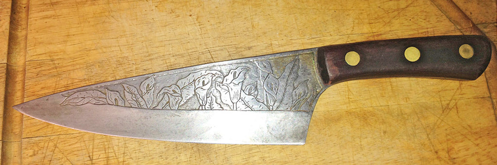 6 inch Chef's Knife with Calla Lilies Custom Etching.  Very early work.
