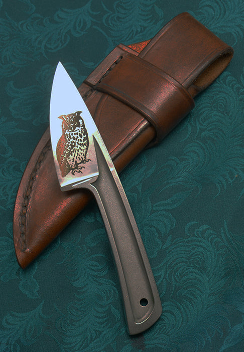 Boye Basic 2 Cobalt with Great Horned Owl Laser Etching and Brown Leather Flap Sheath.