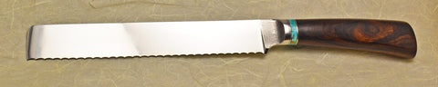8 inch Bread Knife with Dendritic Cobalt Blade and Ironwood Burl Handle.