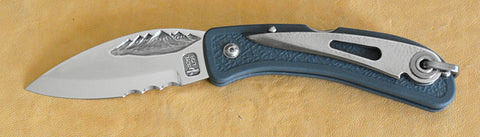 Boye Cobalt Mountain Lockback Folding Pocket Knife with Blue Handle and Marlin Spike.