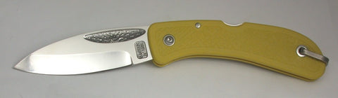 Boye Cobalt Sunburst Lockback Folding Pocket Knife with Yellow Handle.