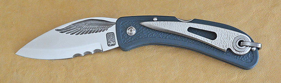 Boye Cobalt Eagle Wing Lockback Folding Pocket Knife with Blue Handle, Marlin Spike & Serrations.
