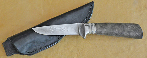 4 inch Dropped Point Hunter with 'Celtic Horse' Etching and Buckeye Burl Handle.