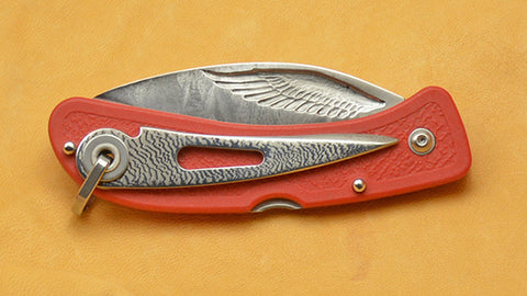 Boye Cobalt Eagle Wing Lockback Folding Pocket Knife with Red Handle, Serrations, and Marlin Spike.