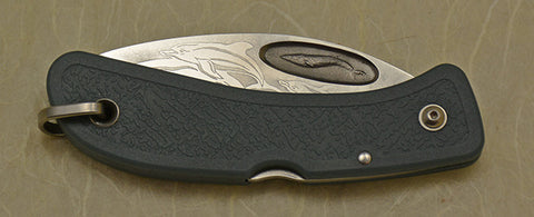 Boye Blue Whale Lockback Folding Pocket Knife with 'Dolphins' Etching and Blue Handle.