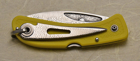 Boye Sunburst Lockback Folding Pocket Knife with 'Sunflower' Etching, Yellow Handle, and Marlin Spike.