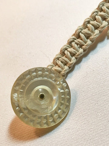 Natural Waxed Hemp Macrame Lanyard with Antique Mother of Pearl Carved Wheel Design Button.