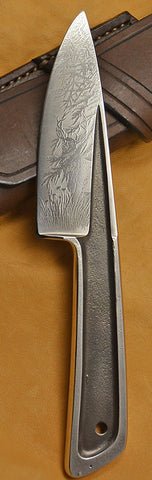 Boye Basic 3 with 'Mule Deer at the Edge of the Redwoods' Etching and Leather Sheath.
