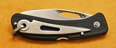 Boye Cobalt Basketweave Open Thumb Hole Sheepsfoot Lockback Folding Pocket Knife with Serrations, Black Handle and Marlin Spike.