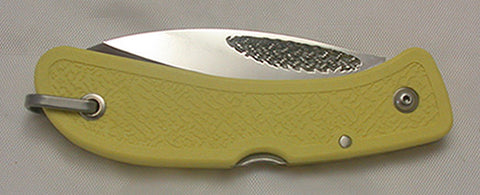 Boye Cobalt Basketweave Lockback Folding Pocket Knife with Yellow Zytel Handle.