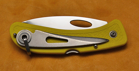 Boye Cobalt Open Thumb Hole Lockback Folding Pocket Knife with Yellow Handle, Serrations, & Marlin Spike.