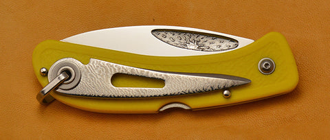 Boye Cobalt Sunburst Lockback Folding Pocket Knife with Yellow Handle and Marlin Spike.