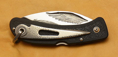 Boye Cobalt Wing Folding Pocket Knife with Laser Etched Feather, Black Handle, & Marlin Spike.