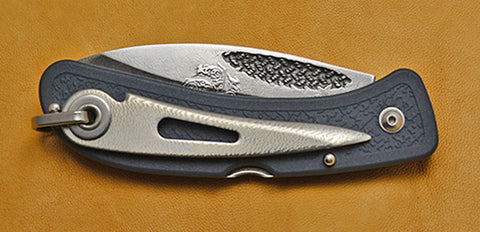 Boye Basketweave Lockback Folding Pocket Knife with 'Haida Fish' Etching, Blue Zytel Handle, & Marlin Spike.