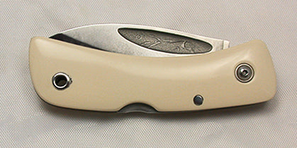 Boye Custom Small Celtic Horse Lockback Folding Knife with Plain Etched Blade.