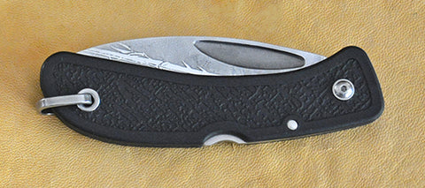 Boye Prophet Lockback Folding Pocket Knife with 'Single Stalk Bamboo' Etching and Black Zytel Handle.