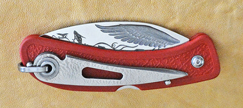 Boye Cobalt Eagle's Wing Lockback Folding Pocket Knife with "String of Whales" Laser Engraving, Marlin Spike & Red Handle.